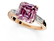 3 Stone Engagement Ring Setting for Fancy Pink Asscher Cut Center with Baguette Accents and Prong Head in Rose Gold