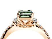 Paired Accent Engagement Ring Setting for Fancy Green Emerald Cut Center with Pave Band and Prong Head in Rose Gold