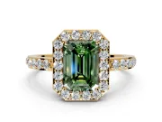 Halo Engagement Ring Setting for Fancy Green Emerald Cut Center with Heart-Shaped Openwork, Pave Band and Prong Head in Yellow Gold