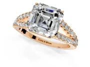 Solitaire Engagement Ring Setting for Asscher Cut Center with Pave Split Shank and Prong Head in Rose Gold