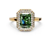 Halo Engagement Ring Setting for Fancy Green Radiant Cut Center with Plain Tapered Band and Prong Head in Yellow Gold