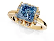 Floral Frame Engagement Ring Setting for Fancy Blue Princess Cut Center with Accent Clusters and Prong Head in Yellow Gold