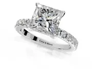 Solitaire Engagement Ring Setting for Princess Cut Center with Fine Pave Band and Claw Prong Head in Sterling Silver
