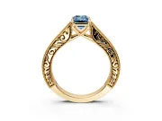 Solitaire Engagement Ring Setting for Fancy Blue Emerald Cut Center with Engraved Pave Band and Prong Head in Yellow Gold