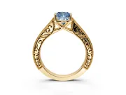 Solitaire Engagement Ring Setting for Fancy Blue Cushion Cut Center with Engraved Pave Band and Prong Head in Yellow Gold