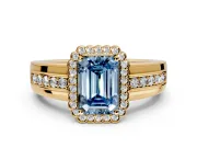Halo Engagement Ring Setting for Fancy Blue Emerald Cut Center with Wide Band, Inlaid Accent Row and Prong Head in Yellow Gold