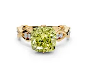 Solitaire Engagement Ring Setting for Fancy Yellow Cushion Cut Center with Accented Twist Band and Leaf Prong Head in Yellow Gold