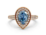 Milgrain Halo Engagement Ring Setting for Fancy Blue Pear-Shaped Center with Three-Sided Pave Band and Prong Head in Rose Gold