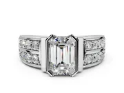 Bezel Engagement Ring Setting for Emerald Cut Center with Wide Channel-Set Band and Bezel Head in Sterling Silver