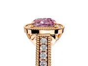 Milgrain Halo Engagement Ring Setting for Fancy Pink Cushion Cut Center with Pave Band and Prong Head in Rose Gold