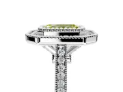 Halo Engagement Ring Setting for Fancy Yellow Emerald Cut Center with Milgrain Frame, Pave Band and Prong Head in Platinum
