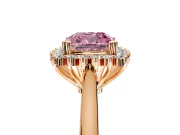 Starburst Halo Engagement Ring Setting for Fancy Pink Cushion Cut Center with Thin Round-Wire Band and Prong Head in Rose Gold