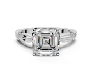 Solitaire Engagement Ring Setting for Asscher Cut Center with Carved Leaf Shoulders and Prong Head in Sterling Silver
