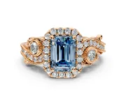 Milgrain Halo Engagement Ring Setting for Fancy Blue Emerald Cut Center with Shoulder Bezels and Prong Head in Rose Gold