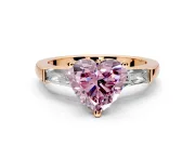 3 Stone Engagement Ring Setting for Fancy Pink Heart-Shaped Center with Tapered Baguettes, Plain Band and Prong Head in Rose Gold