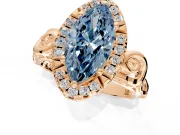 Halo Engagement Ring Setting for Fancy Blue Marquise Center with Open Scroll Shoulders and Prong Head in Rose Gold