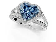 Halo Engagement Ring Setting for Fancy Blue Heart-Shaped Center with Narrow Pave Split Shank and Prong Head in Platinum