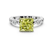 Solitaire Engagement Ring Setting for Fancy Yellow Princess Cut Center with Beaded Bezel Station Band and Prong Head in Platinum