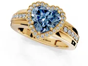 Halo Engagement Ring Setting for Fancy Blue Heart-Shaped Center with Wide Band, Inlaid Accent Row and Prong Head in Yellow Gold