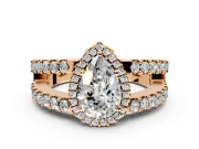 Halo Engagement Ring Setting for Pear-Shaped Center with Wide-Open Pave Split Shank and Prong Head in Rose Gold