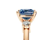 3 Stone Engagement Ring Setting for Fancy Blue Asscher Cut Center with Wide Plain Band and Prong Head in Rose Gold