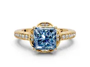 Floral Engagement Ring Setting for Fancy Blue Princess Cut Center with Four Accent Clusters and Prong Head in Yellow Gold