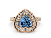 Halo Engagement Ring Setting for Fancy Blue Heart-Shaped Center with Milgrain Frame, Pave Band and Prong Head in Rose Gold