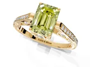 Cathedral Engagement Ring Setting for Fancy Yellow Emerald Cut Center with Antique-Style Pave Band and Prong Head in Yellow Gold