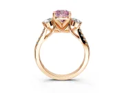 3 Stone Engagement Ring Setting for Fancy Pink Cushion Cut Center with Crossover Basket, Pave Band and Prong Head in Rose Gold