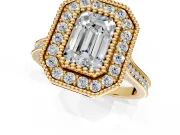 Halo Engagement Ring Setting for Emerald Cut Center with Milgrain Frame, Pave Band and Prong Head in Yellow Gold