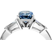 3 Stone Engagement Ring Setting for Fancy Blue Emerald Cut Center with Channel Baguette Accents and Prong Head in Platinum