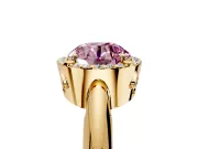 Halo Engagement Ring Setting for Fancy Pink Round Cut Center with Tapered Plain Band and Prong Head in Yellow Gold