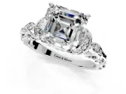 Solitaire Engagement Ring Setting for Asscher Cut Center with Filigree Band and Prong Head in Platinum