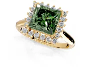 Starburst Halo Engagement Ring Setting for Fancy Green Princess Cut Center with Thin Round-Wire Band and Prong Head in Yellow Gold
