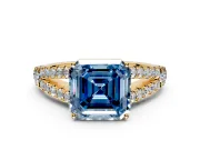 Solitaire Engagement Ring Setting for Fancy Blue Asscher Cut Center with Pave Split Shank and Prong Head in Yellow Gold