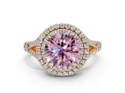 Double Halo Engagement Ring Setting for Fancy Pink Round Cut Center with Narrow Pave Split Shank and Prong Head in Rose Gold