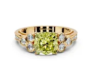 Cluster Engagement Ring Setting for Fancy Yellow Cushion Cut Center with Bezel Accent Clusters and Prong Head in Yellow Gold