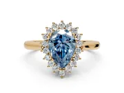 Starburst Halo Engagement Ring Setting for Fancy Blue Pear-Shaped Center with Thin Round-Wire Band and Prong Head in Yellow Gold