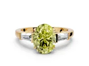 3 Stone Engagement Ring Setting for Fancy Yellow Oval Center with Baguette Accents and Prong Head in Yellow Gold