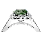 Halo Engagement Ring Setting for Fancy Green Cushion Cut Center with Narrowing Pave Band and Prong Head in Platinum