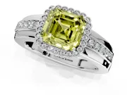 Halo Engagement Ring Setting for Fancy Yellow Asscher Cut Center with Wide Band, Inlaid Accent Row and Prong Head in White Gold