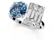 Fancy Blue Round Cut and Emerald Cut Lab-Grown Diamond Toi et Moi Engagement Ring with Prong-Set Stones in Sterling Silver