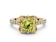 Floral Engagement Ring Setting for Fancy Yellow Cushion Cut Center with Pave Band and Floral Prong Head in Yellow Gold