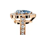 Bezel-Framed Halo Engagement Ring Setting for Fancy Blue Pear-Shaped Center with Pave Band and Prong Head in Rose Gold