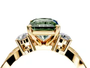 3 Stone Engagement Ring Setting for Fancy Green Radiant Cut Center with Pave Twist Band and Prong Head in Yellow Gold