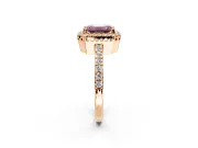 Halo Engagement Ring Setting for Fancy Pink Emerald Cut Center with Inner Milgrain Border and Prong Head in Rose Gold