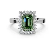 Starburst Halo Engagement Ring Setting for Fancy Green Emerald Cut Center with Flat Cathedral Band and Prong Head in Sterling Silver
