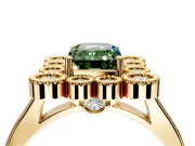 Cluster Halo Engagement Ring Setting for Fancy Green Emerald Cut Center with Milgrain Bezel Accents and Prong Head in Yellow Gold