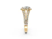 Halo Engagement Ring Setting for Oval Center with Narrow Pave Split Shank and Prong Head in Yellow Gold