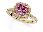 Halo Engagement Ring Setting for Fancy Pink Cushion Cut Center with Inner Milgrain Border and Prong Head in Yellow Gold
